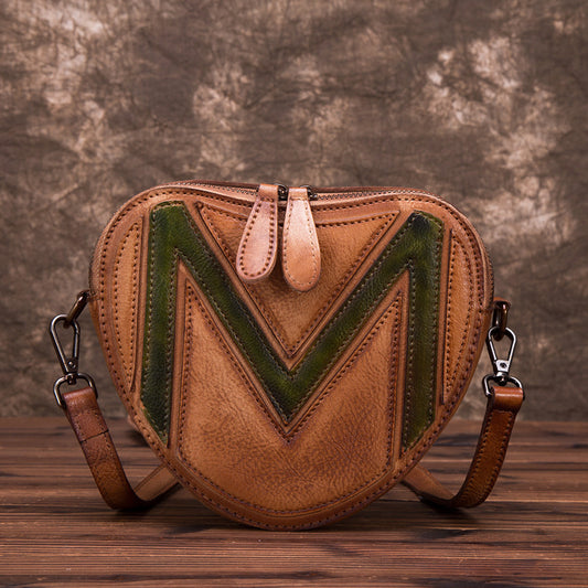 Heart-Shaped Top Layer Leather  Fashion Polished Crossbody Bag