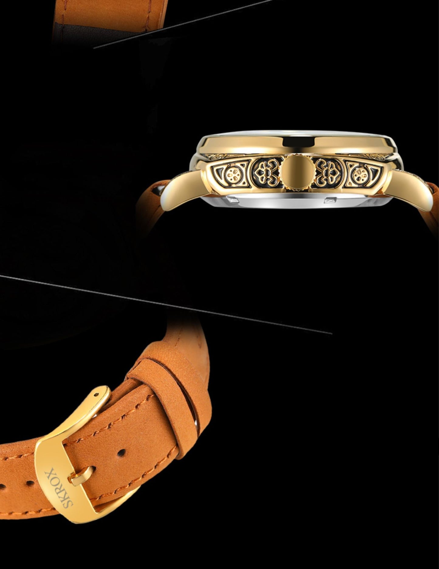 Gold watch case and brown leather strap on a black background