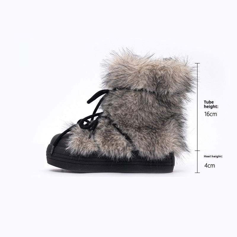 Black boot with gray fur trim on a white background, showing measurements.