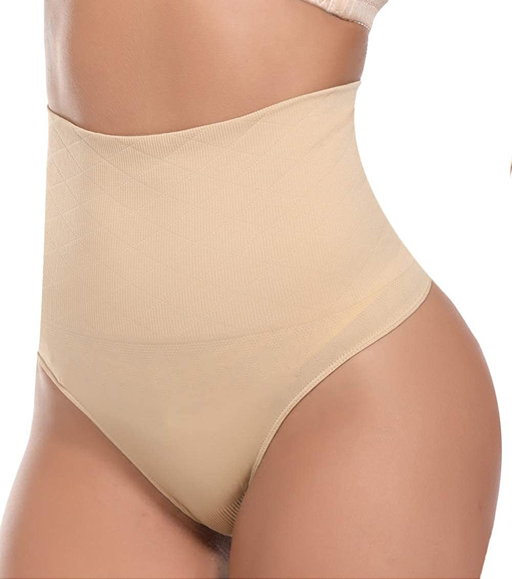 Beige shapewear being worn on a white background