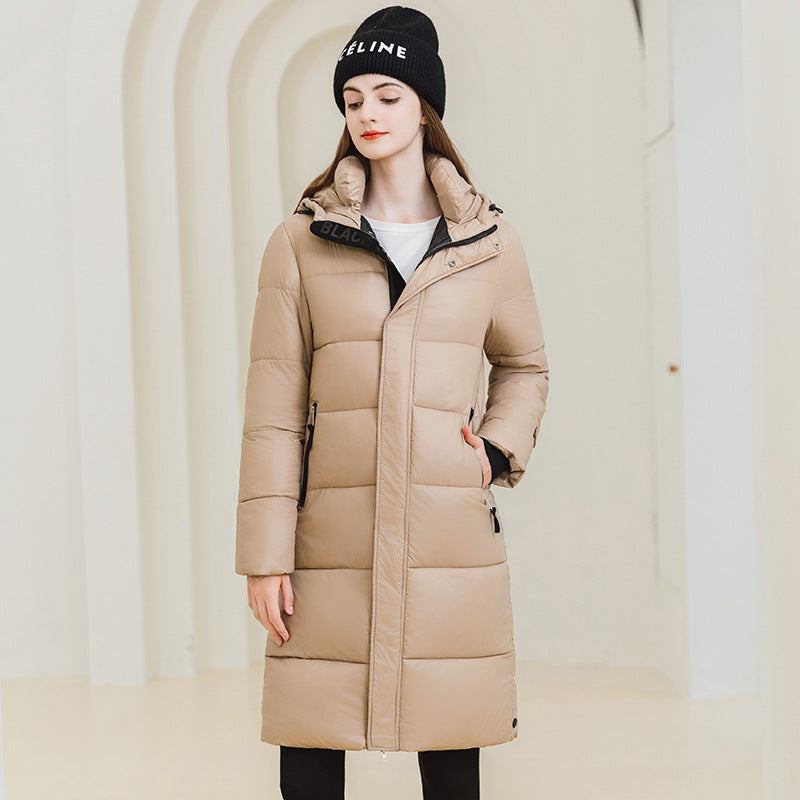 Women's Winter Warm Hooded Coat with Pockets - Adult Long Cotton Jacket