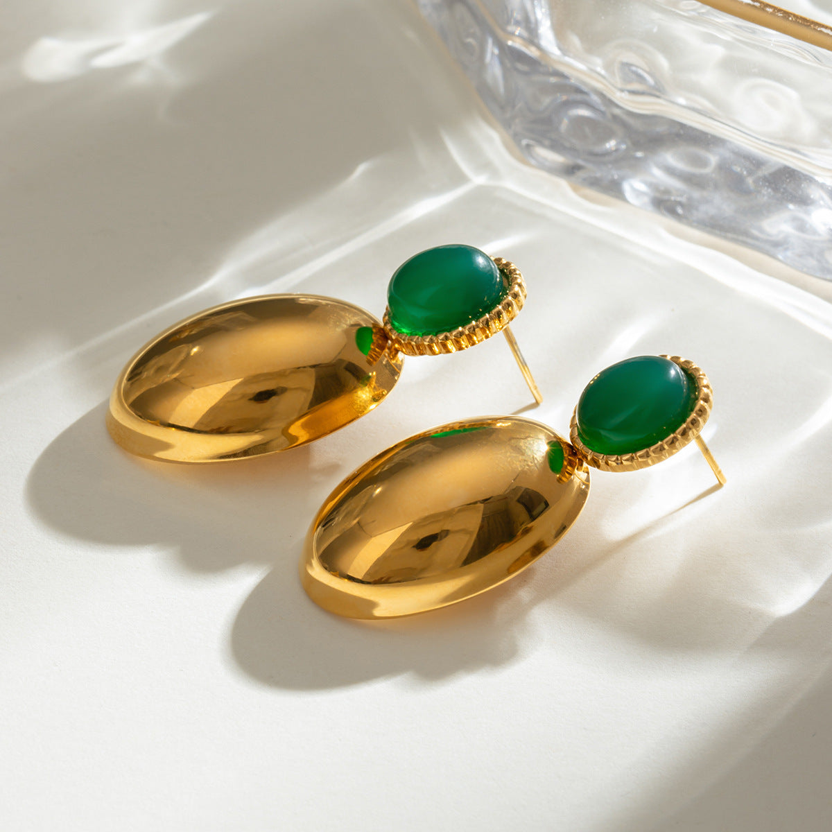 Stainless Steel Green Agate Oval Pendant Earrings