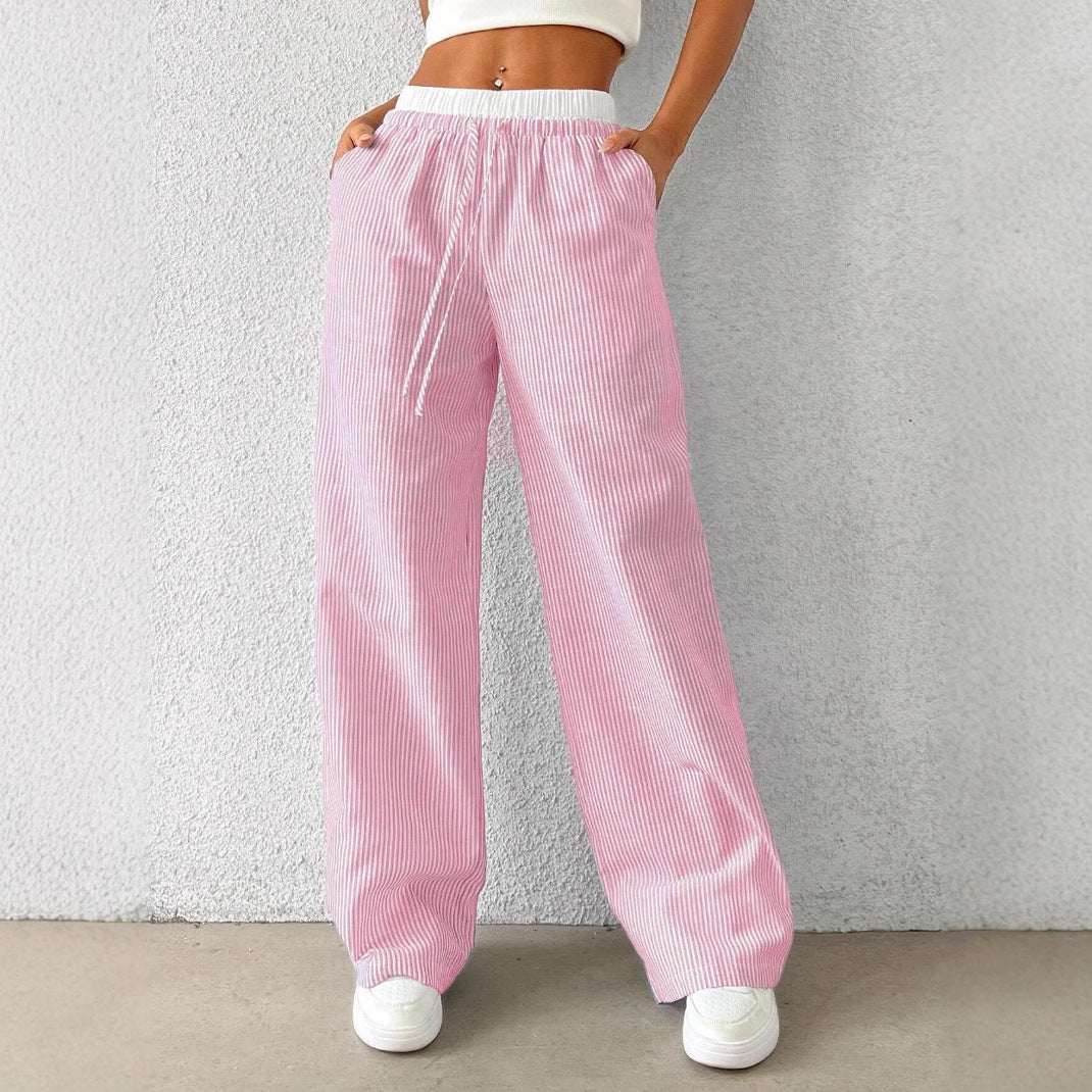 Women's Wide-Leg Floor-Length Pleated Pants – Mid-Rise Straight Leg Casual Trousers with Pockets | Blue, Gray, Pink | XS–L