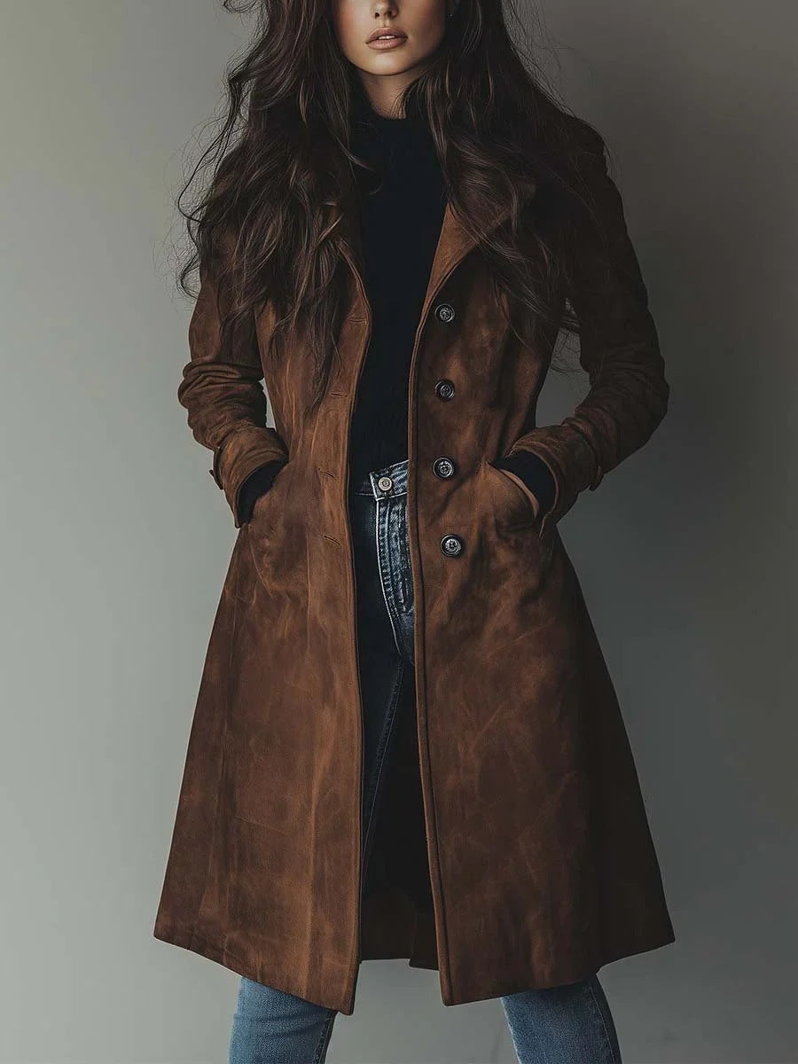 Person wearing a brown leather coat against a plain background