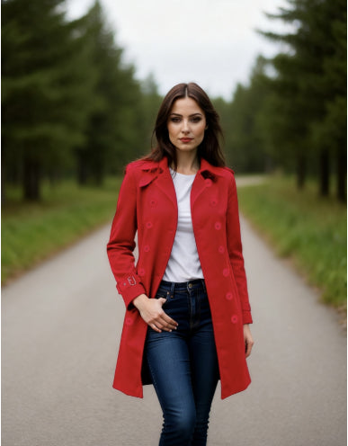 Woman wearing a red coat standing on a path with trees in the background