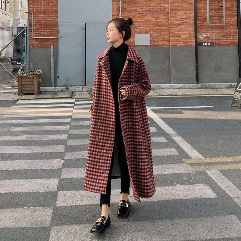 Women's Plaid Wool-Look Loose Long Coat | Black & Red | S–2XL