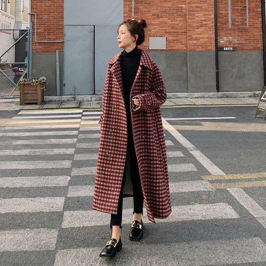 Women's Plaid Wool-Look Loose Long Coat | Black & Red | S–2XL