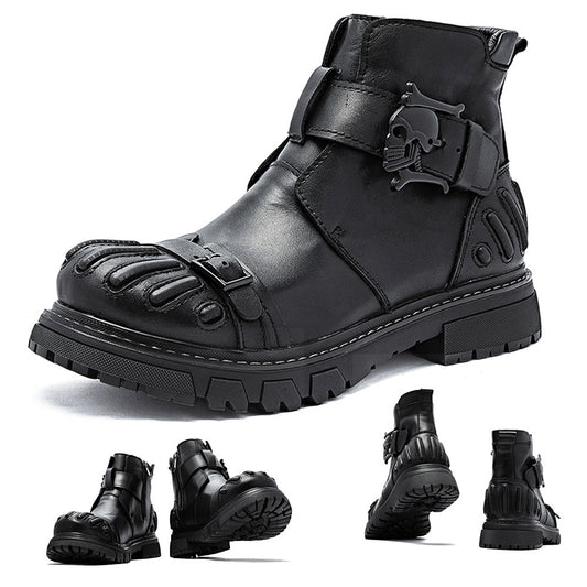 Black leather boot with skull design on a white background