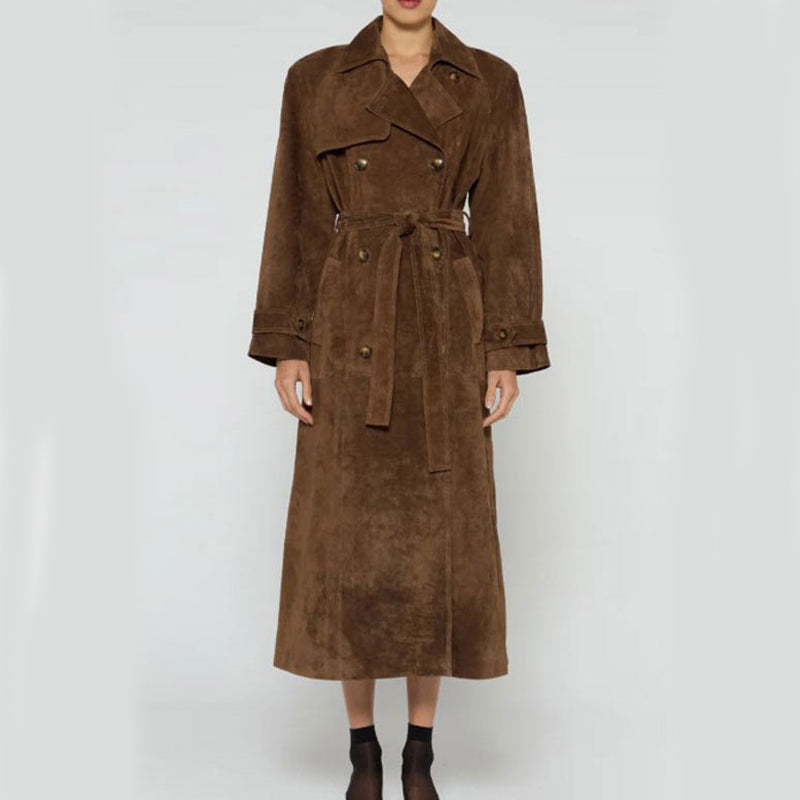 Brown suede trench coat on a white background by Millivan 