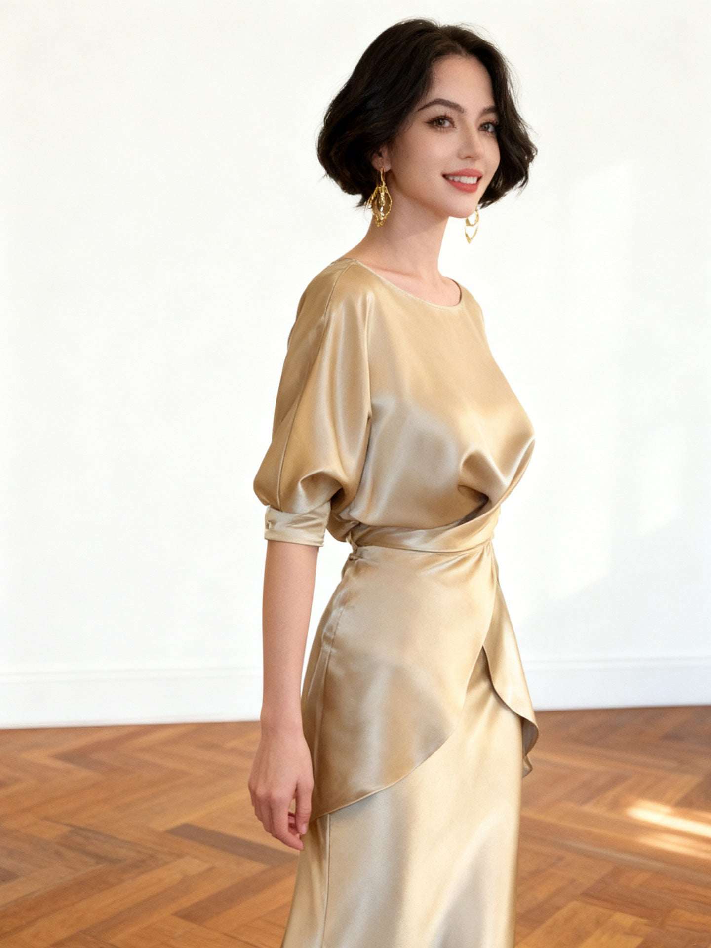 Women's Satin Princess-Sleeve Top & Fishtail Midi Skirt Two-Piece Set | Champagne | S–2XL