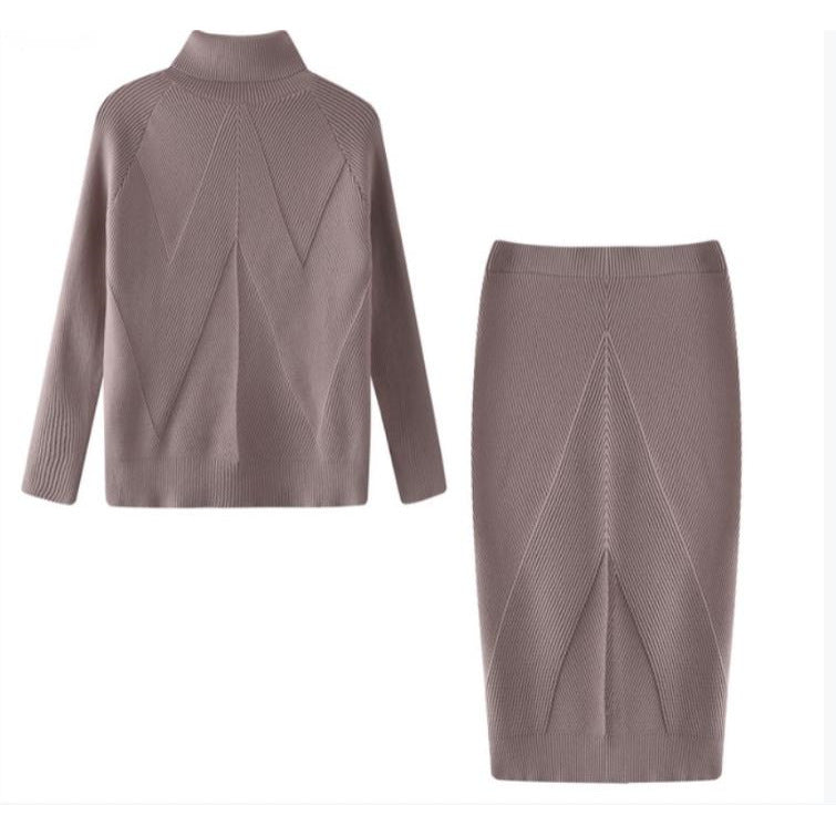 Brown ribbed sweater and skirt set on a white background