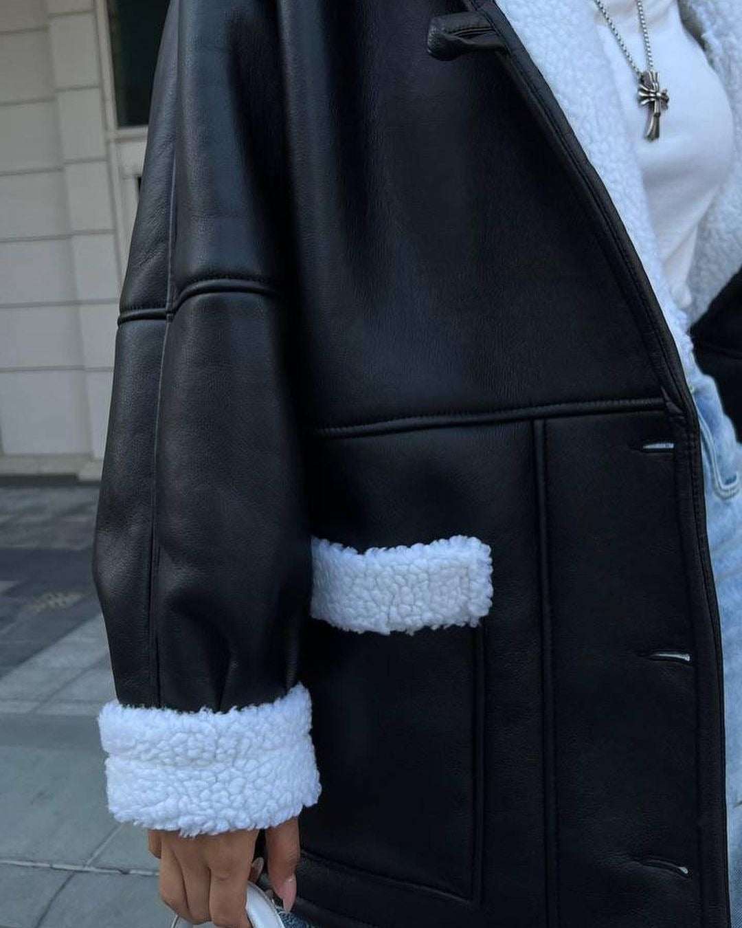 Korean Style Leather & Fur Splicing Coat - Women's Long Sleeve Trench