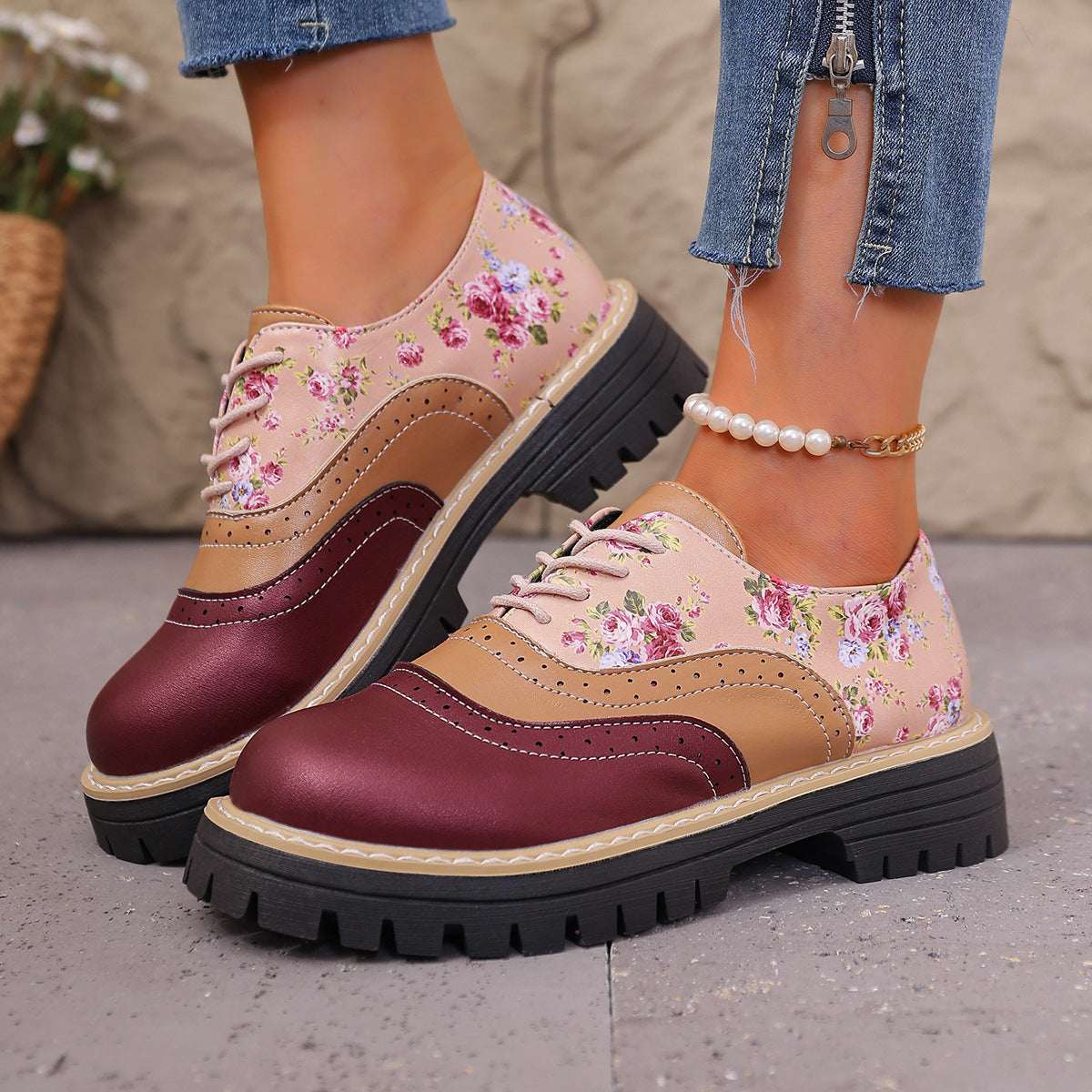 Women's Plus-Size Chunky Heel Casual Shoes - Color-Blocked Fashion Sneakers