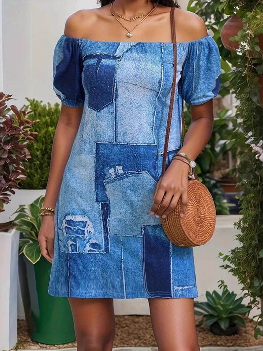 Patchwork Off Shoulder Denim Mini Dress - Millivan supplies 
