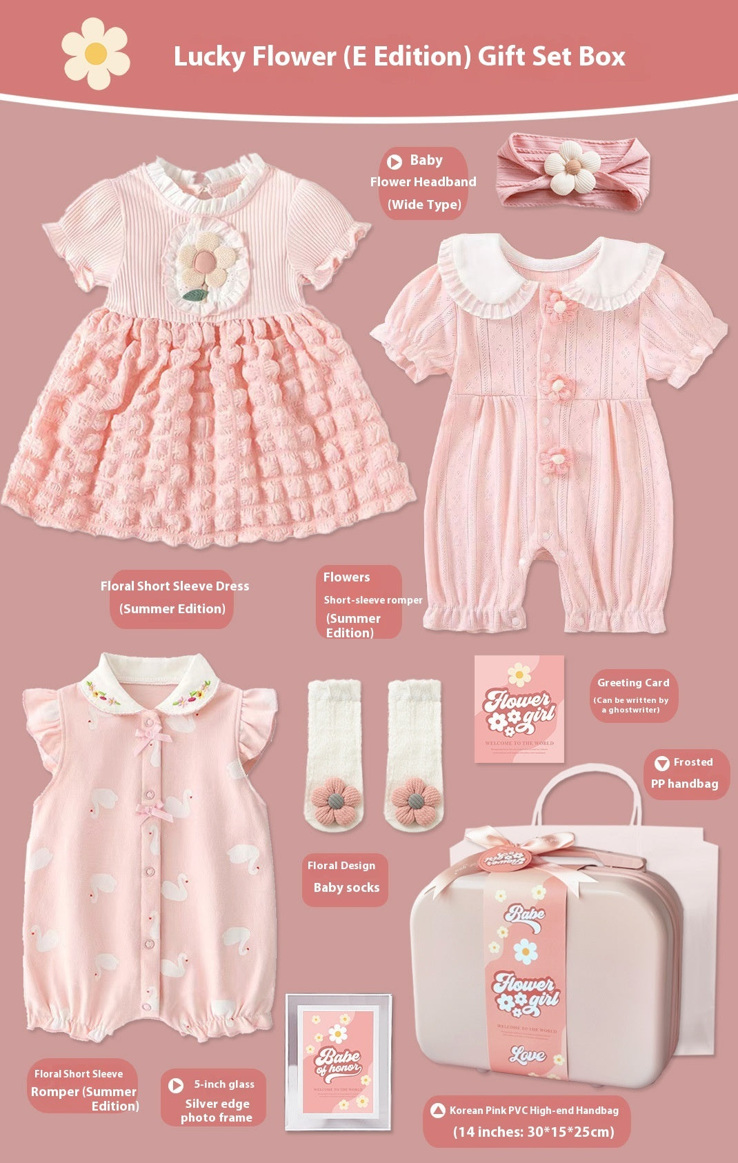 Lucky Flower E Edition gift set box with baby clothing and accessories on a pink background