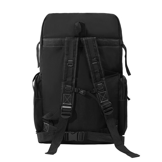 Black backpack with multiple straps and pockets on a white background