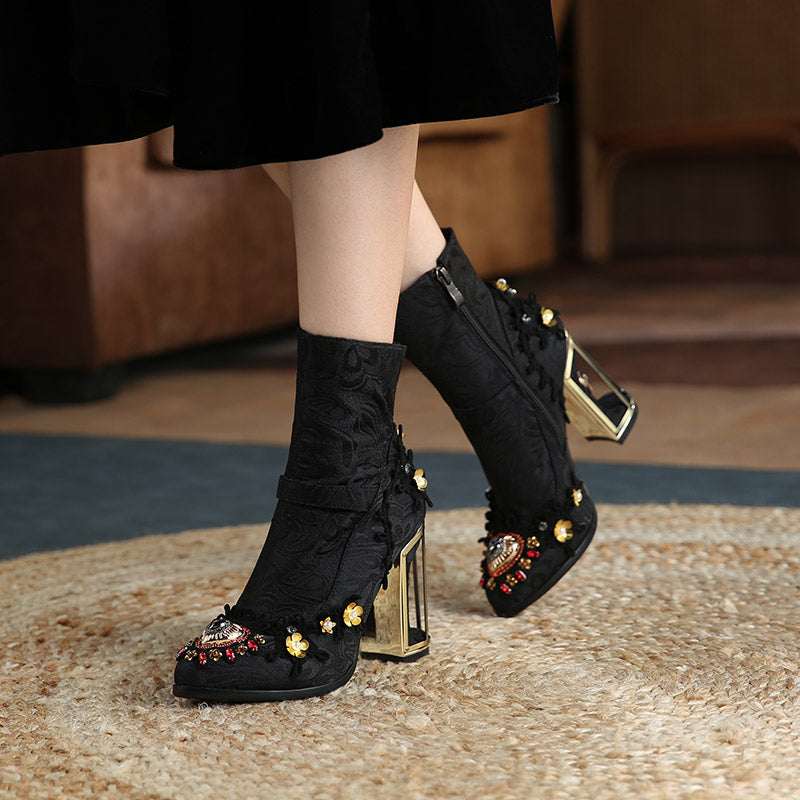 Women's Beaded Embroidery Mid-Tube Boots – High Heel Side Zipper Fashion Boots