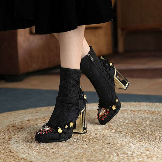 Women's Beaded Embroidery Mid-Tube Boots – High Heel Side Zipper Fashion Boots