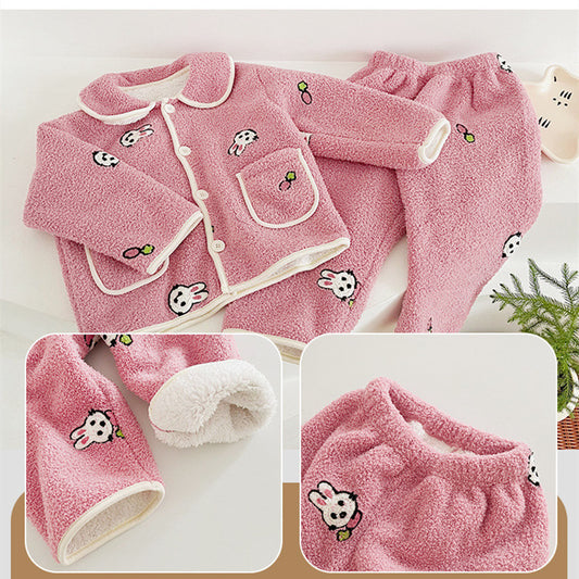 Pink baby outfit set with cartoon designs on a white background