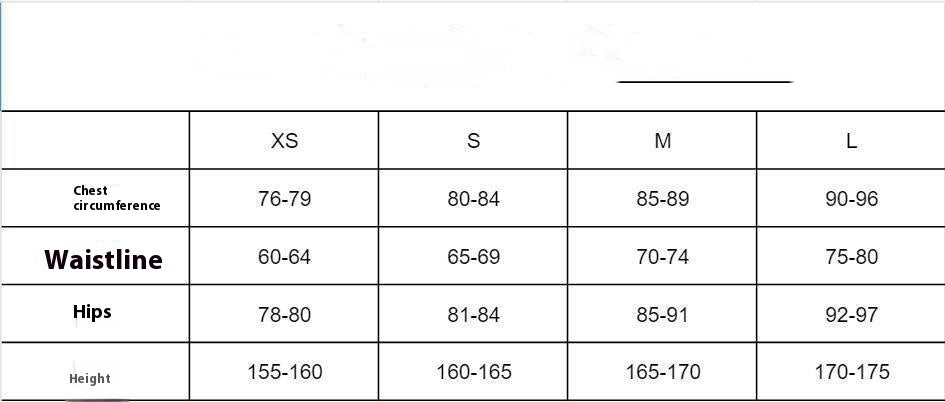 Measurement chart for clothing sizes XS to L with chest, waist, and hip measurements.
