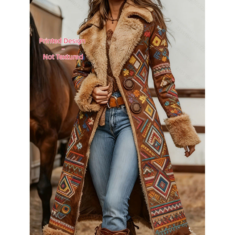 A woman wearing a long brown suede-like coat with colorful geometric patterns and a thick beige shearling-style collar, paired with blue jeans and brown boots. A horse is partially visible in the background, and pink text reads 'Printed Design Not Tested'.