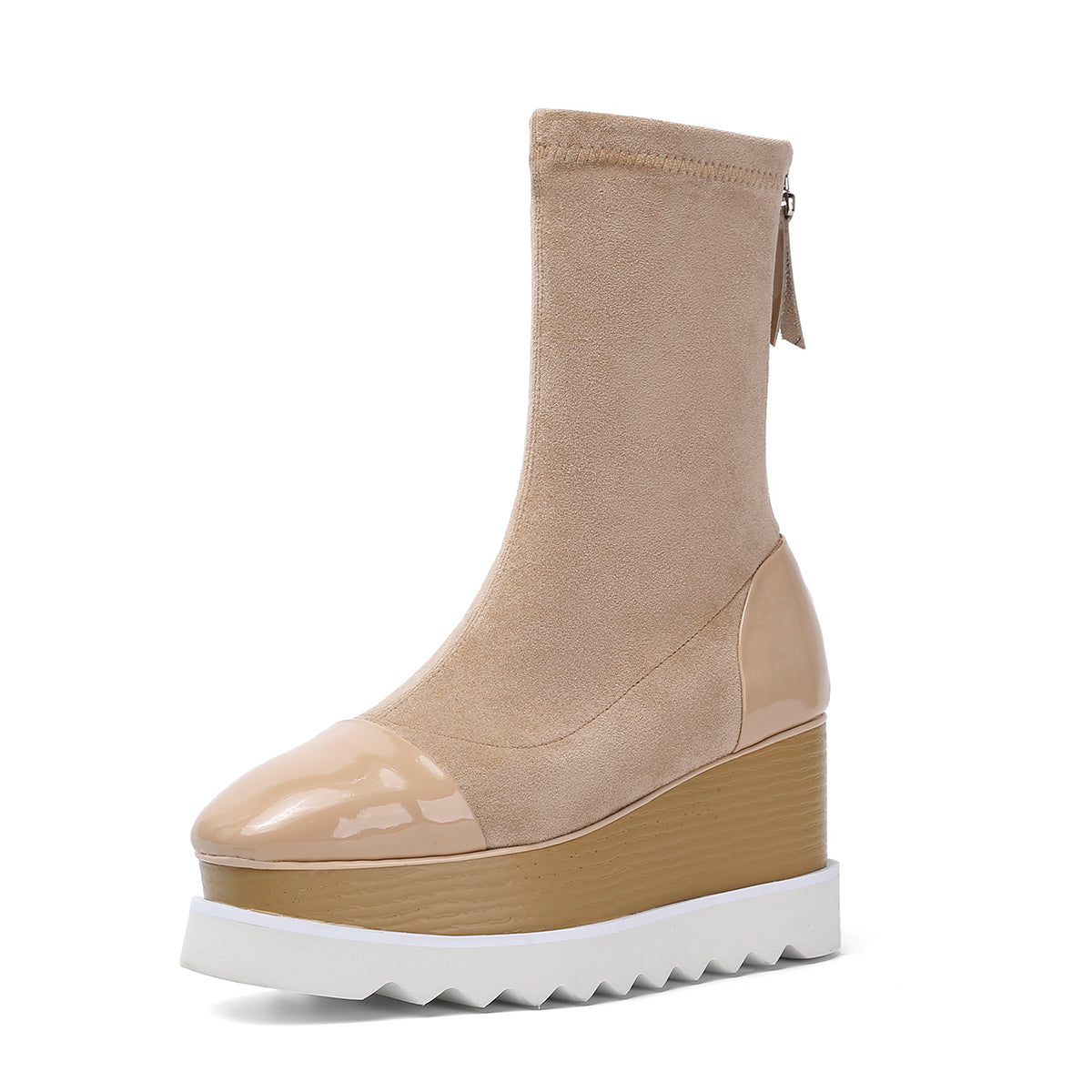 Beige platform ankle boot on a white background