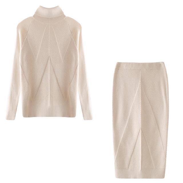 Beige knit sweater and skirt set on a white background