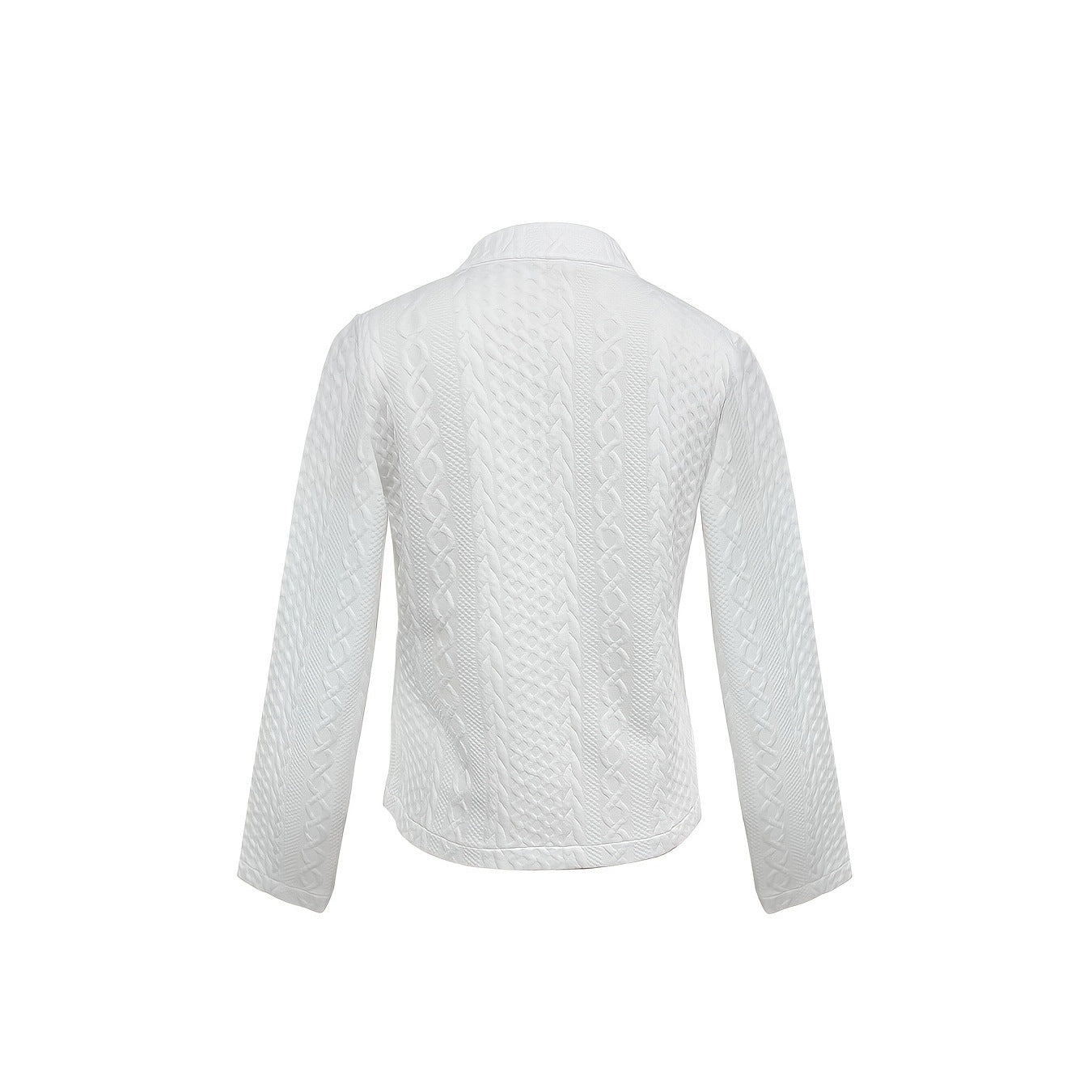 White cable knit cardigan on a white background