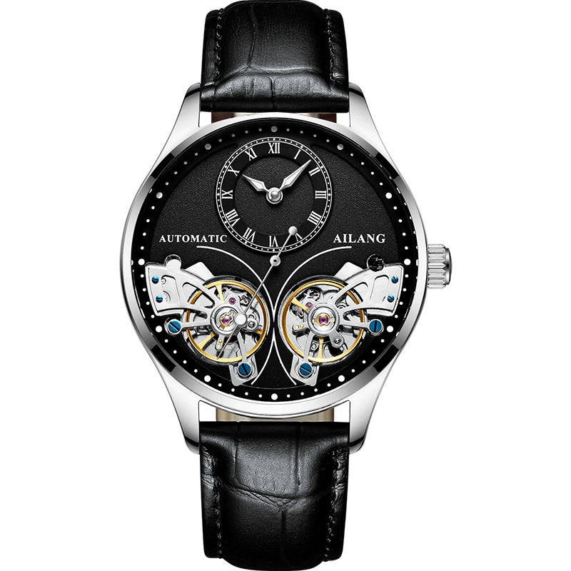 Luxury watch with black face and leather strap on a white background