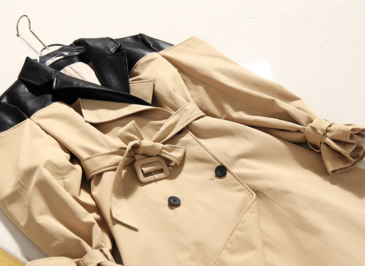 Beige trench coat with black leather accents on a white background by millivan