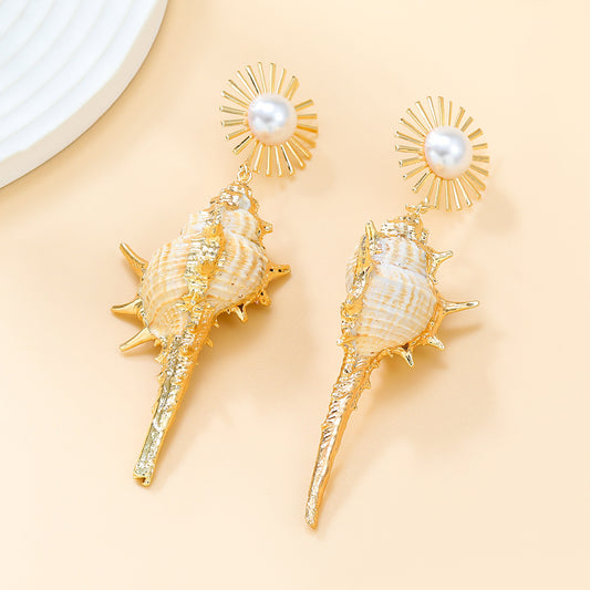 Conch Earrings European And American Exaggerated Alloy Inlaid Pearl SUNFLOWER Bohemian