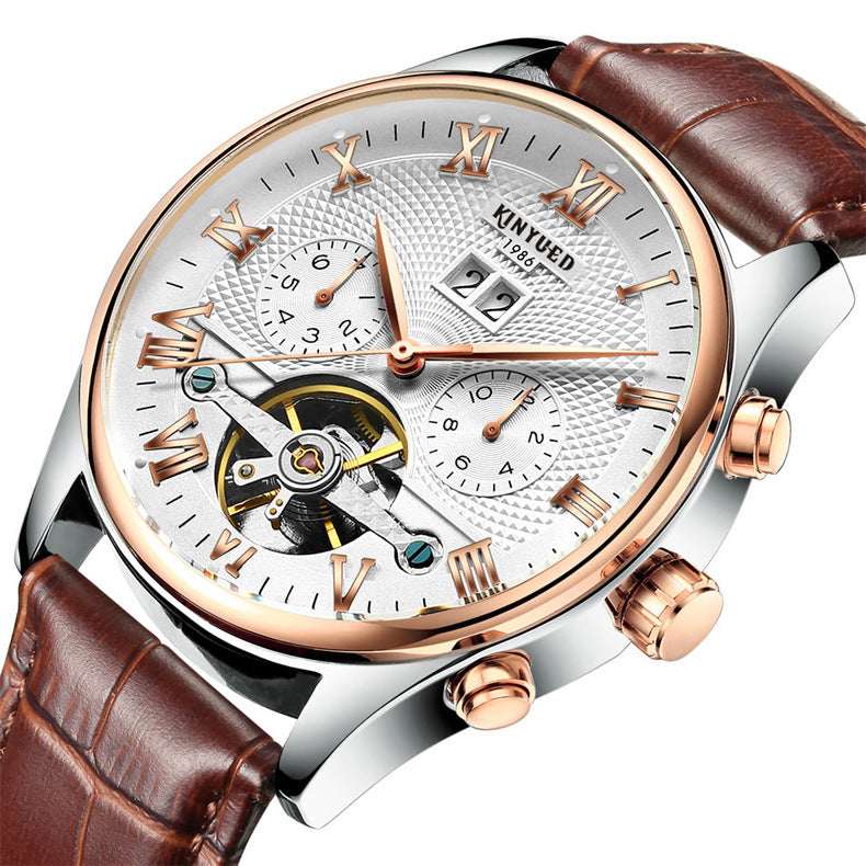 KINYUED Men's Automatic Hollow Tourbillon Mechanical Watch – JYD-J012 Sports Series 30m Waterproof | Steel & Leather Strap