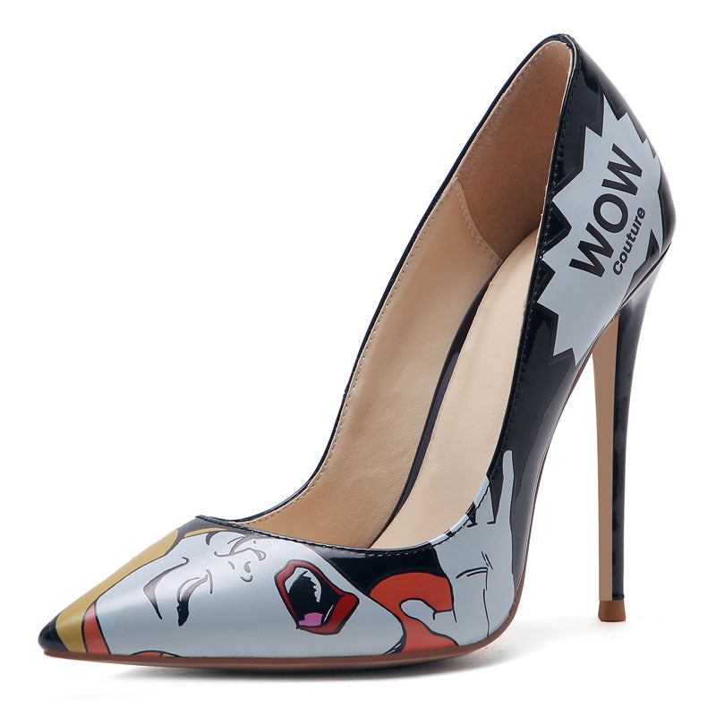 High-heeled shoe with colorful design and 'WOW' branding on a white background