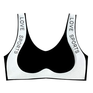 Black sports bra with 'Love Sports' branding on a white background