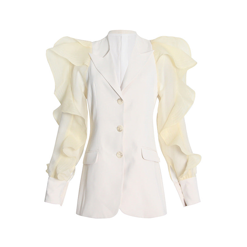White blazer with ruffled sleeves on a white background