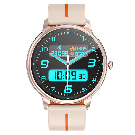 Smartwatch with a beige strap and digital display on a white background