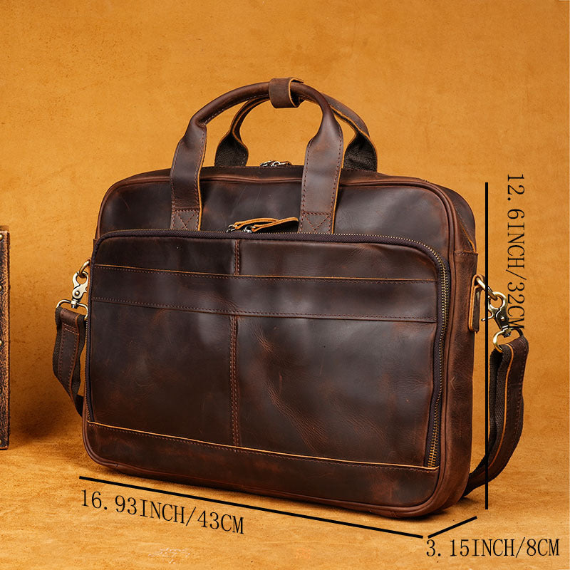 Brown leather briefcase with measurements on a brown background