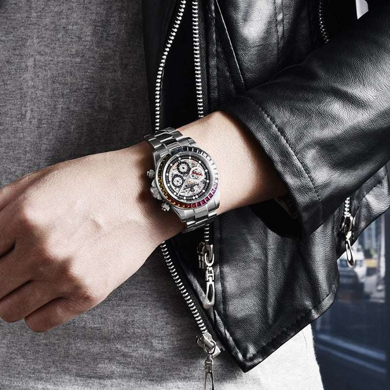 Men's Transparent Dial Mechanical Watch – Sapphire Crystal 40mm Stainless Steel | Colored & Silver Black | Steel Strip & Tape