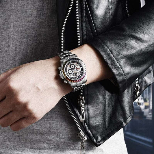 Men's Transparent Dial Mechanical Watch – Sapphire Crystal 40mm Stainless Steel | Colored & Silver Black | Steel Strip & Tape