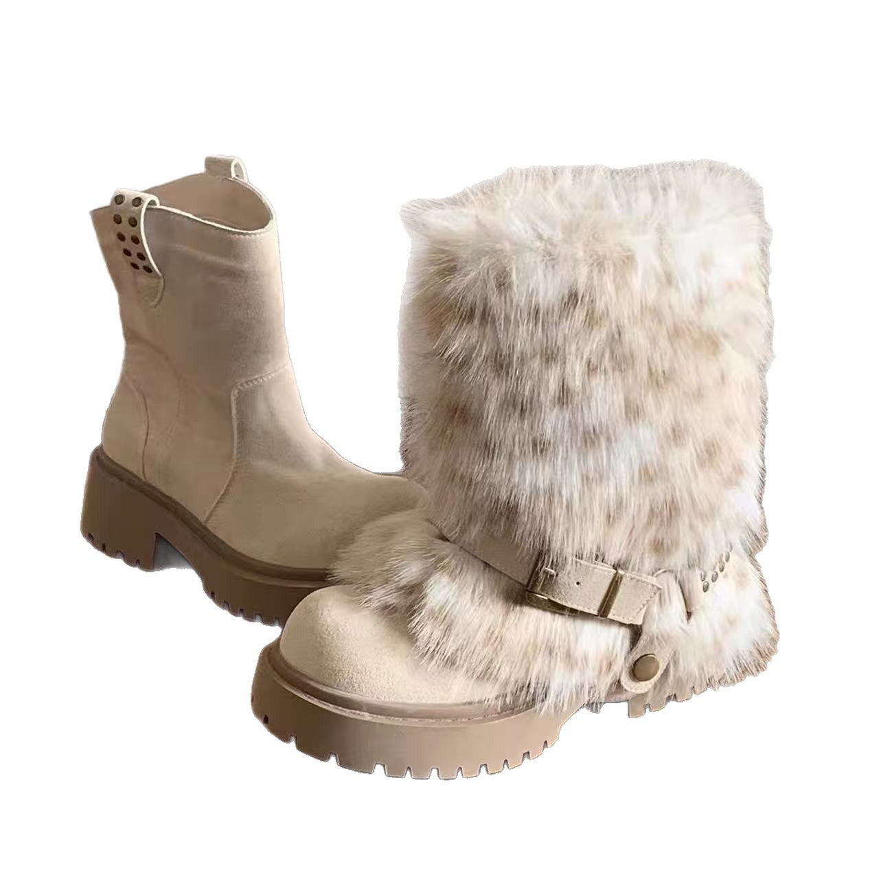 Beige boots with fur trim on a white background