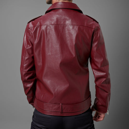 Maroon leather jacket worn by a person on a gray background