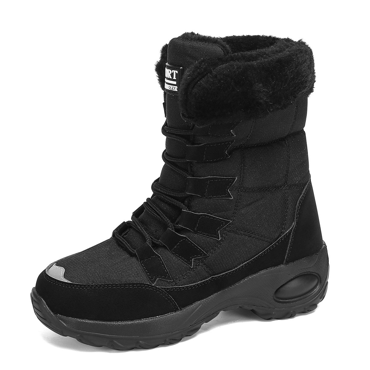 Black winter boot with fur lining on a white background