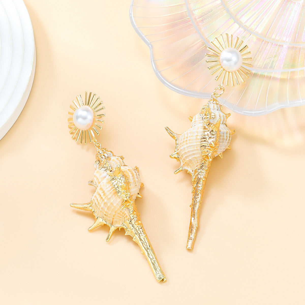 Conch Earrings European And American Exaggerated Alloy Inlaid Pearl SUNFLOWER Bohemian