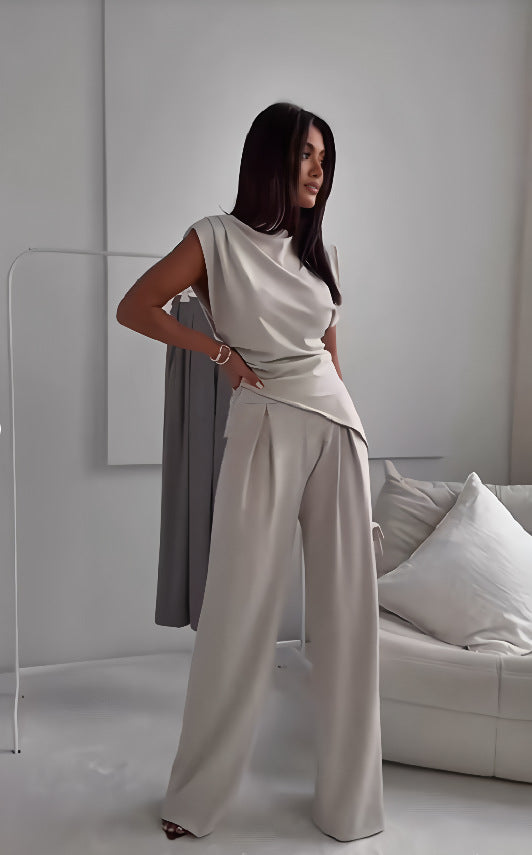 Women's Sleeveless Asymmetric-Hem Split Top & Straight-Leg Trousers Set | Dark Gray, Light Brown & White | S–3X