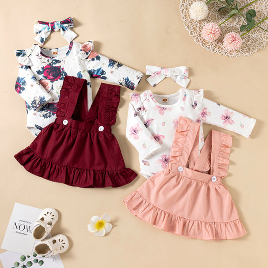 Printed Long-sleeved Baby Girl Romper, Two-color Strap Ruffled Dress Headdress, Three Pieces