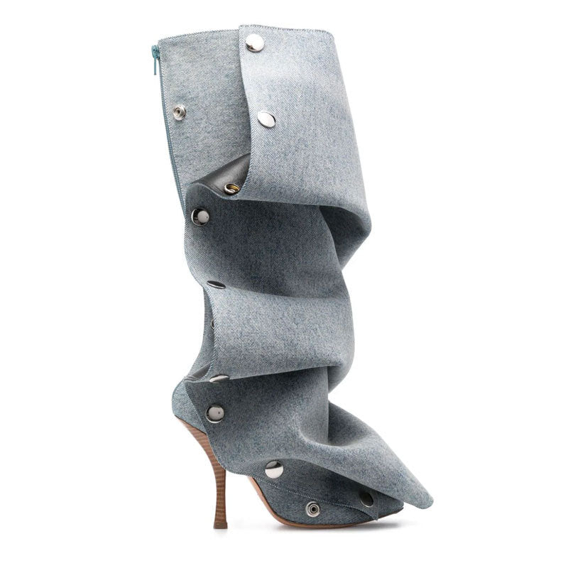 Gray high-heeled boot with unique design on a white background