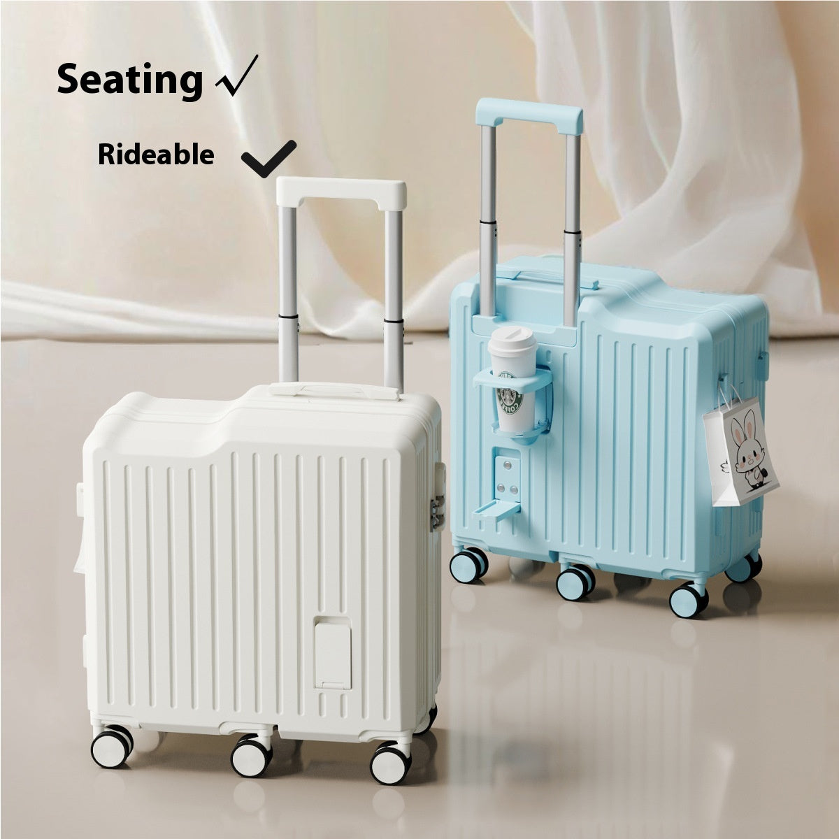 Two suitcases, one white and one light blue, on a neutral background with text indicating seating and rideability features.