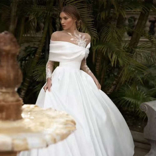 Women's Satin Tutu Ball Gown Wedding Dress – Raglan Long Sleeve Bridal Gown | White | S–XXXXL