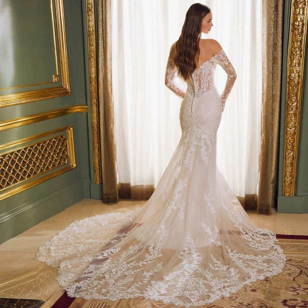 Women's Off-Shoulder Lace Long Sleeve Fishtail Wedding Gown – Mid-Waist Bridal Dress | Ivory | US 2–14 & 14W–26W