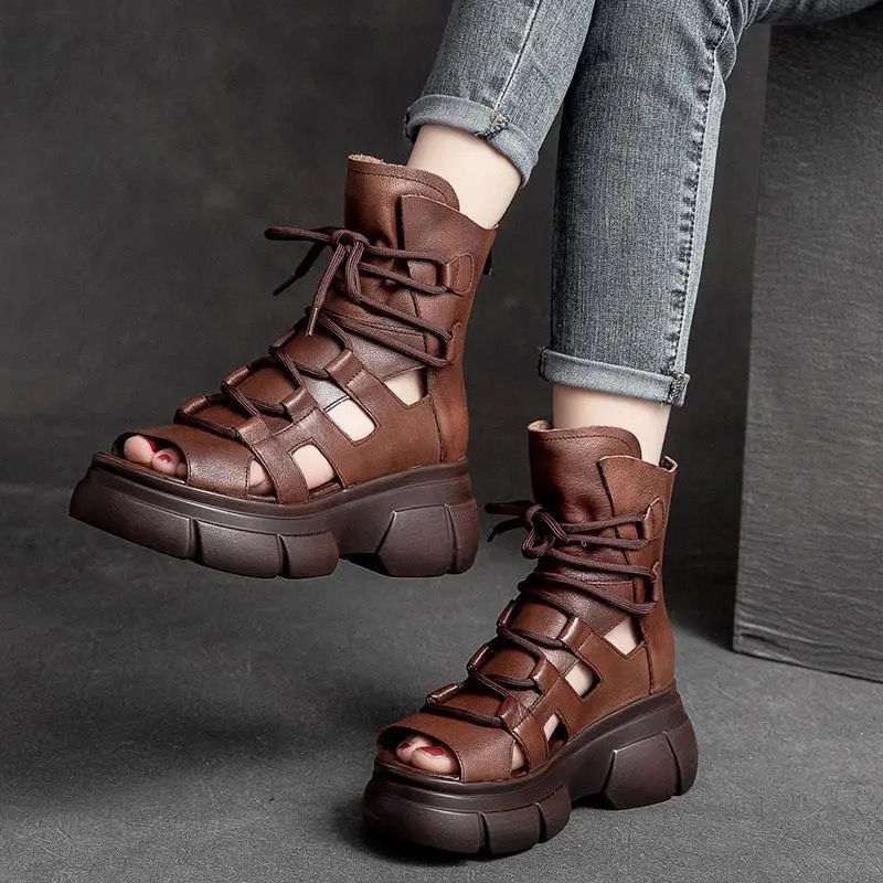 Women's Hollowed-Out Roman Sandal Boots - Open-Toe Buckle Boots